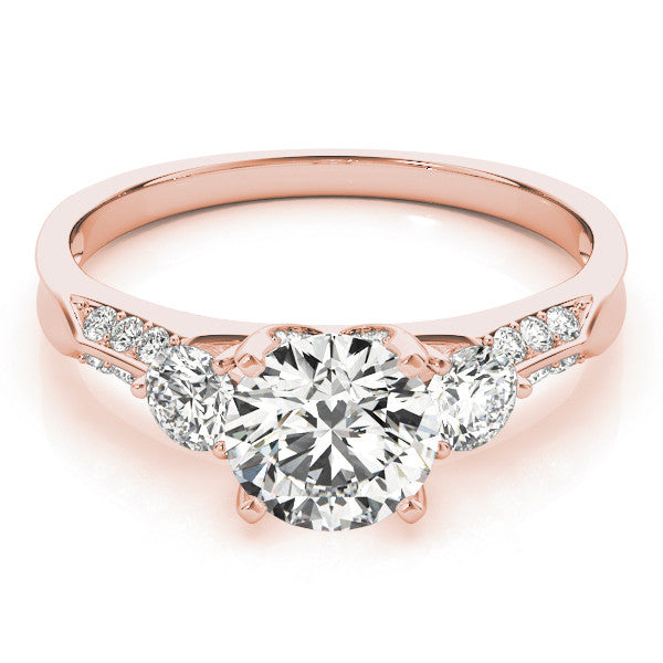 Rose gold Round Brilliant Three-Stone Diamond Ring with Pavé Band and Four-Prong Setting 1