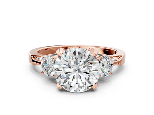Rose gold Round Brilliant Three-Stone Diamond Ring with Pavé Band and Four-Prong Setting