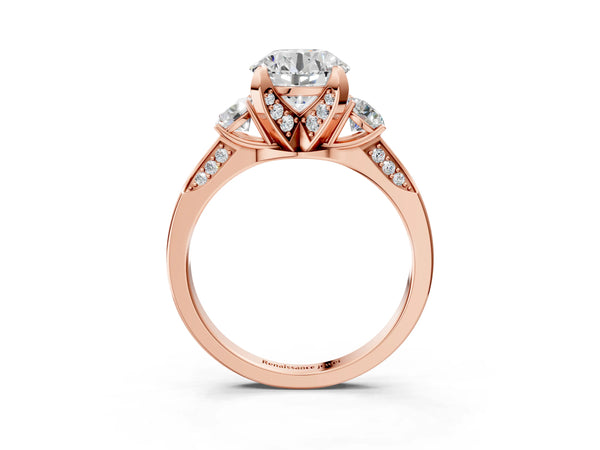 Rose gold Round Brilliant Three-Stone Diamond Ring with Pavé Band and Four-Prong Setting