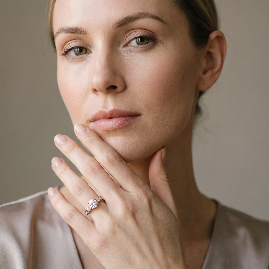 Rose gold Round Brilliant Three-Stone Pave Band with Four-Prong Setting
