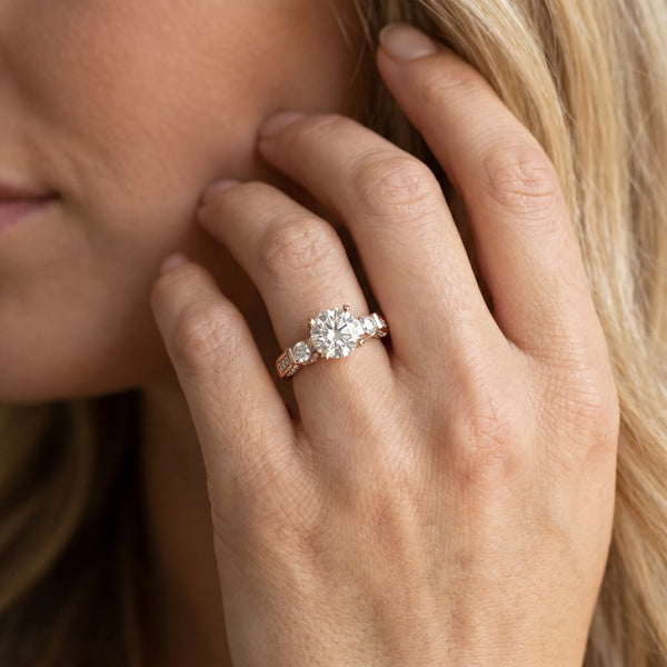 Rose gold Round Brilliant Three-Stone Pave Band with Four-Prong Setting