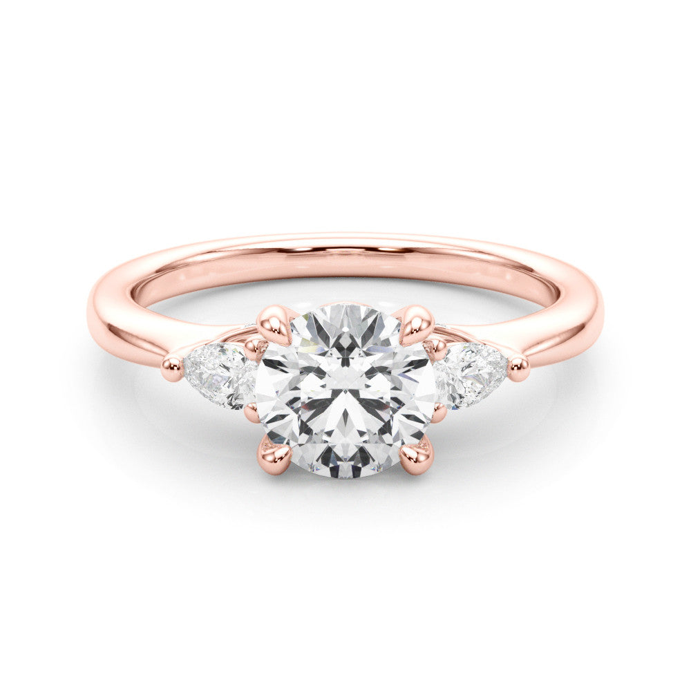 Rose gold Round Brilliant Three-Stone Ring with Pear Side Stones and Four-Prong Setting 1