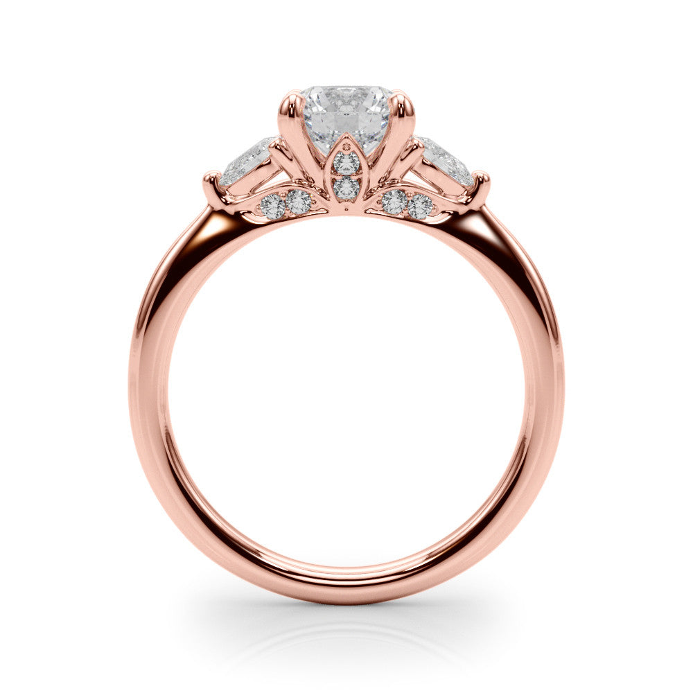 Rose gold Round Brilliant Three-Stone Ring with Pear Side Stones and Four-Prong Setting 2