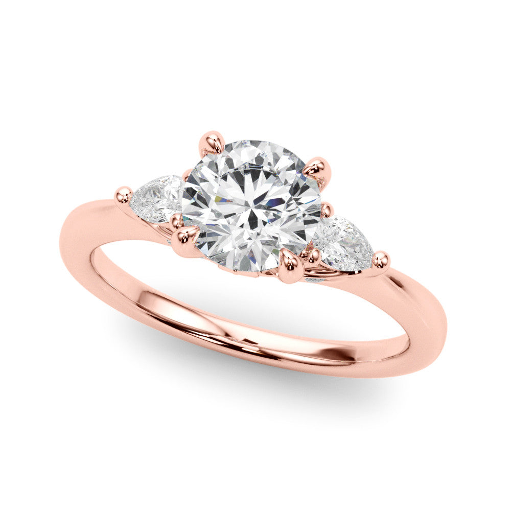 Rose gold Round Brilliant Three-Stone Ring with Pear Side Stones and Four-Prong Setting