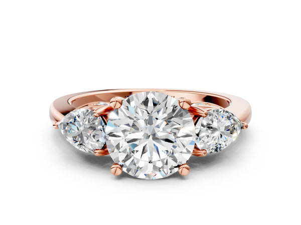Rose Gold Round Pear Side Stone Engagement Ring Setting with Thin Band and Pave Gallery