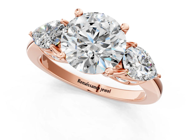 Rose Gold Round Pear Side Stone Engagement Ring Setting with Thin Band and Pave Gallery