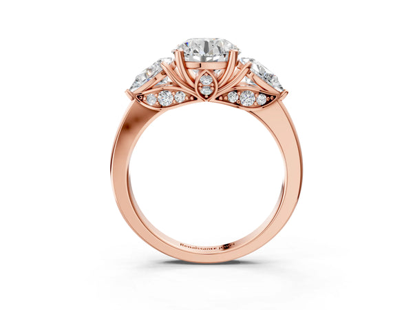 Rose Gold Round Pear Side Stone Engagement Ring Setting with Thin Band and Pave Gallery