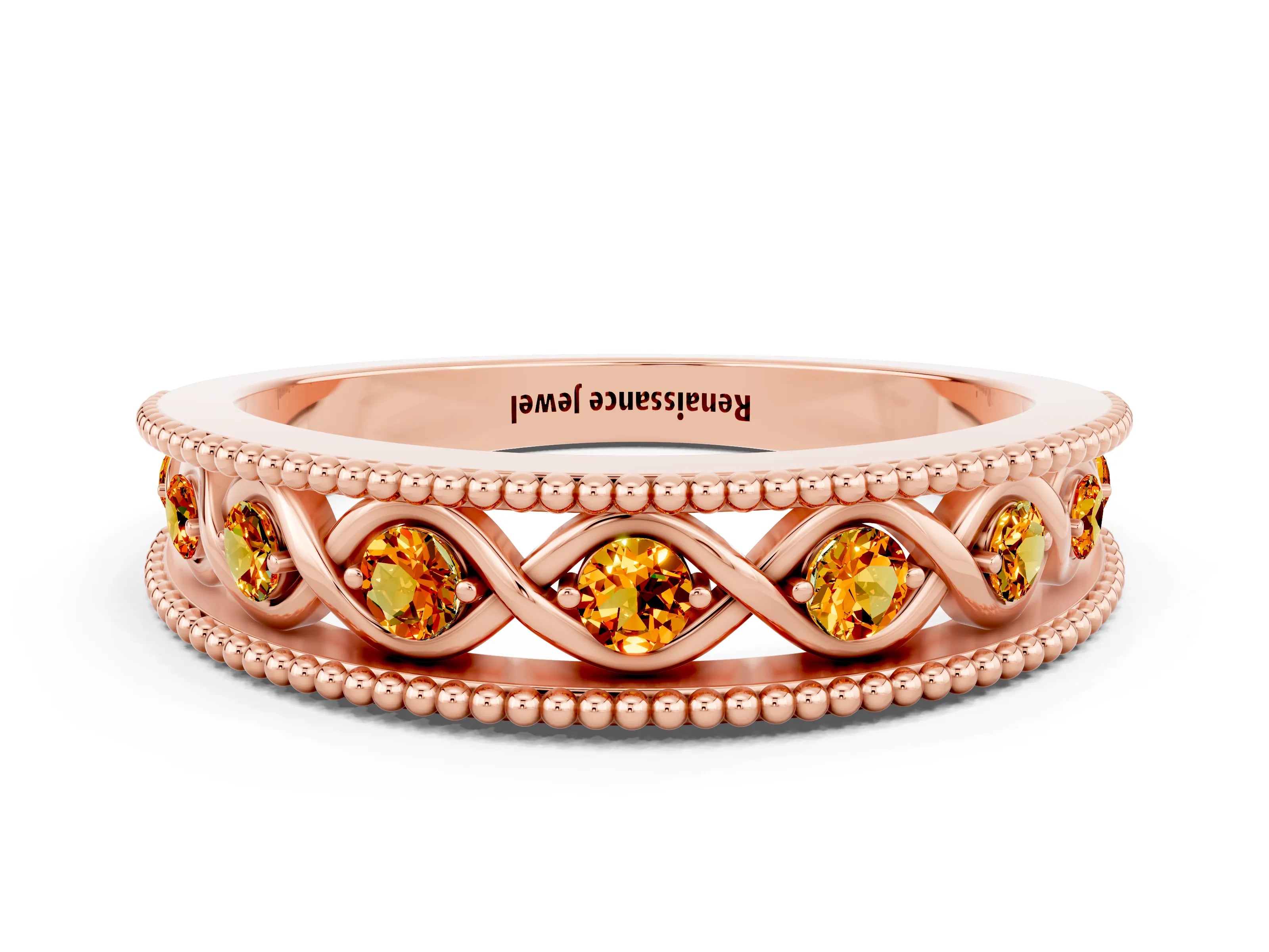 Rose gold Round Citrine Twist Milgrain Band with Bezel Setting_12
