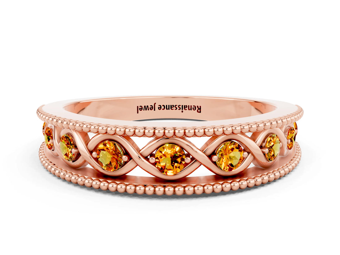 Rose gold Round Citrine Twist Milgrain Band with Bezel Setting_12