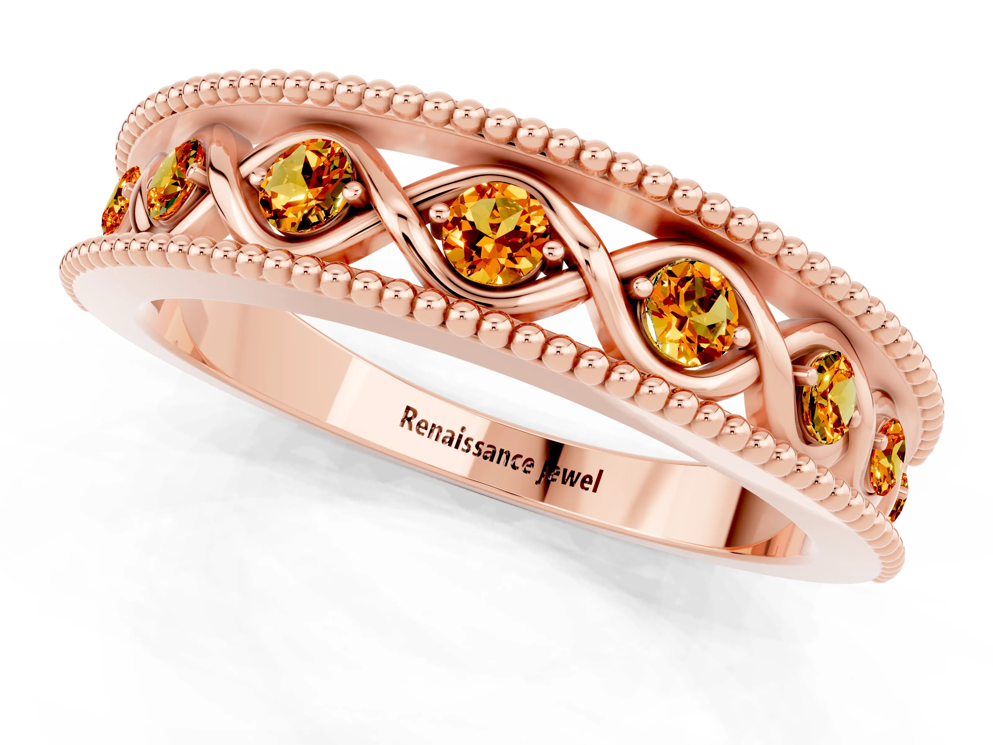 Rose gold Round Citrine Twist Milgrain Band with Bezel Setting_13
