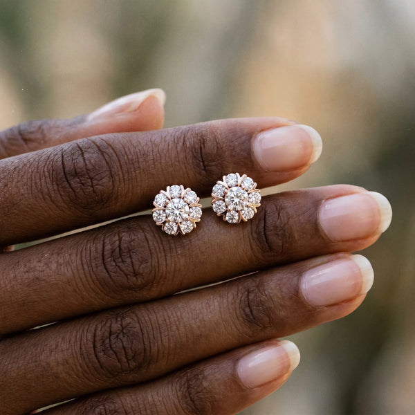 Rose gold Round Cluster Diamond Stud Earrings with Prong Setting