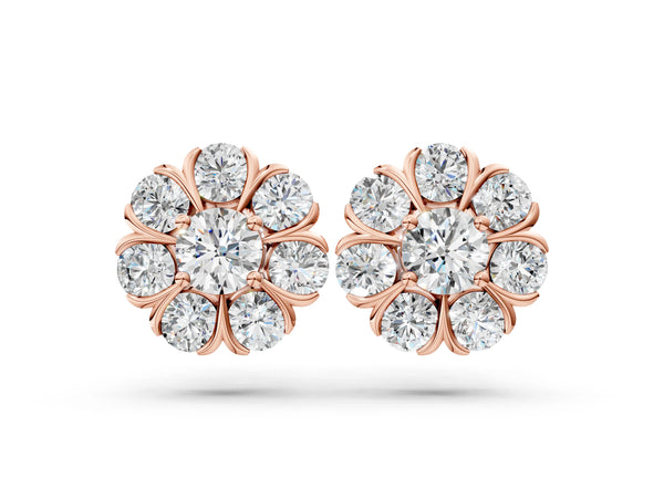 Rose gold Round Cluster Diamond Stud Earrings with Prong Setting