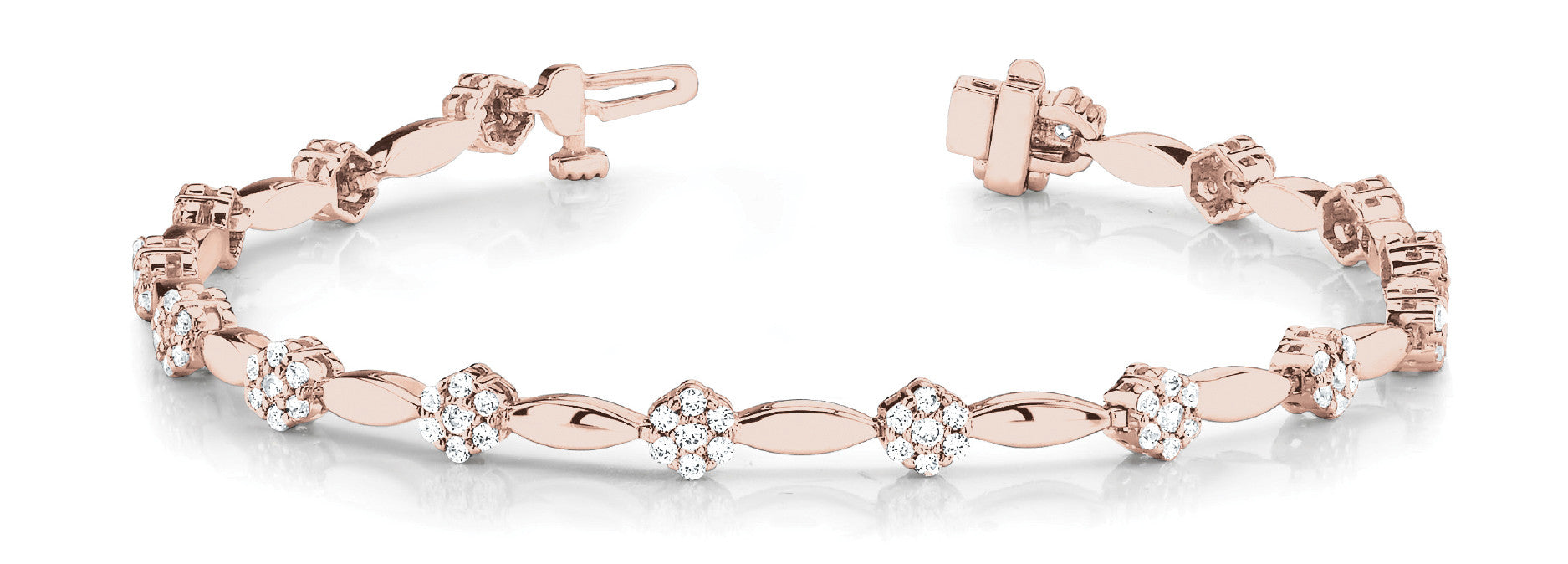 Rose gold Round Cluster Diamond Tennis Bracelet with Marquise Links and Four-Prong Setting
