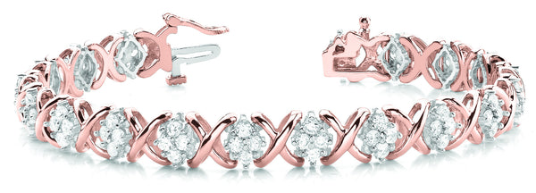 Rose gold Round Cluster Diamond Tennis Bracelet with X-Link Band and Four-Prong Setting