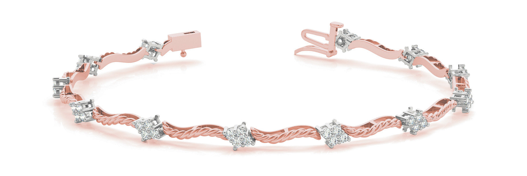 Rose gold Round Cluster Diamond Twist Link Bracelet with Four-Prong Setting