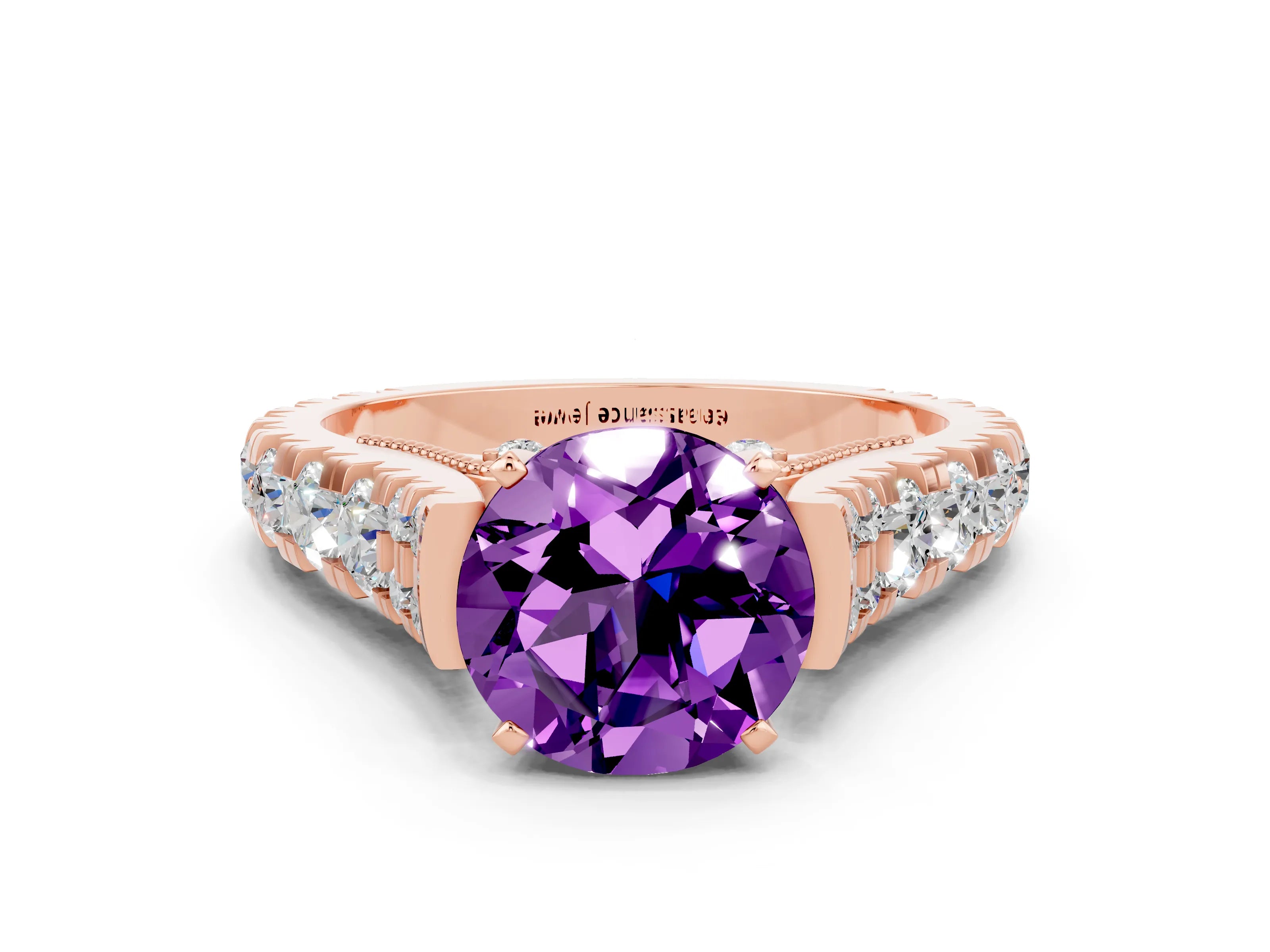 Rose gold Round Cut Amethyst Classic Solitaire Ring with Pavé Band and Four-Prong Setting