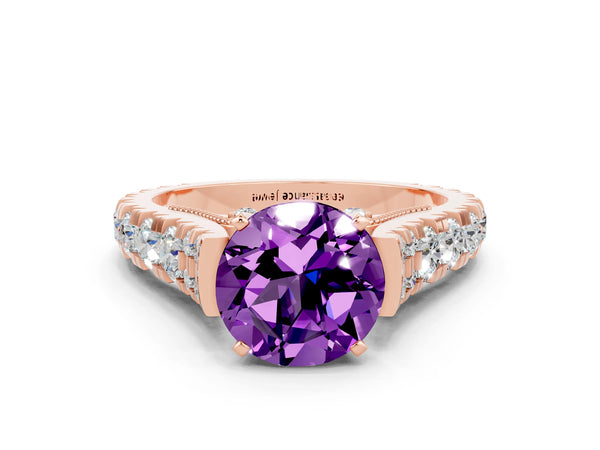 Rose gold Round Cut Amethyst Classic Solitaire Ring with Pavé Band and Four-Prong Setting