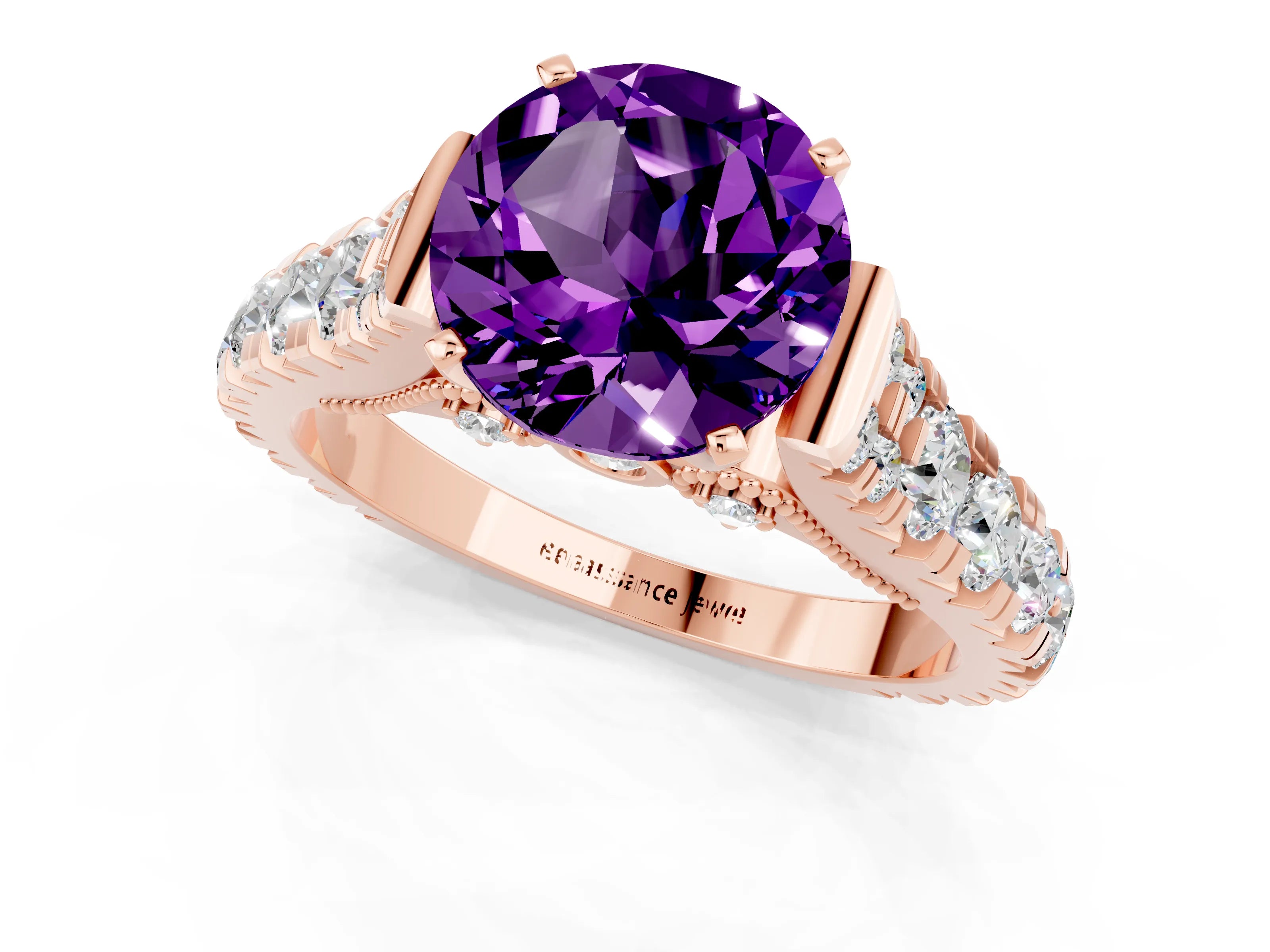 Rose gold Round Cut Amethyst Classic Solitaire Ring with Pavé Band and Four-Prong Setting_1