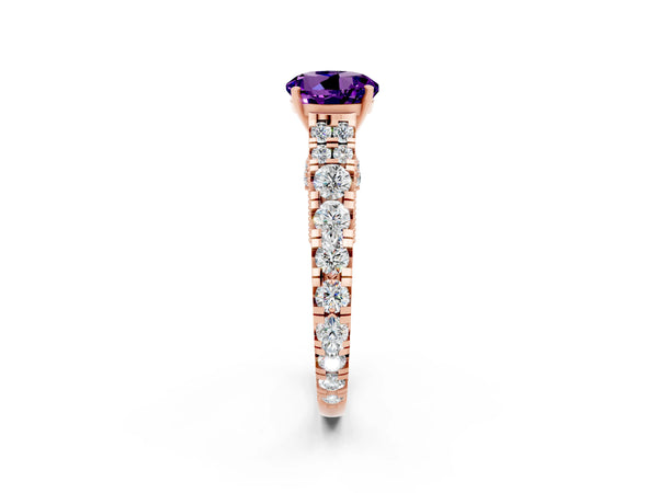Rose gold Round Cut Amethyst Classic Solitaire Ring with Pavé Band and Four-Prong Setting
