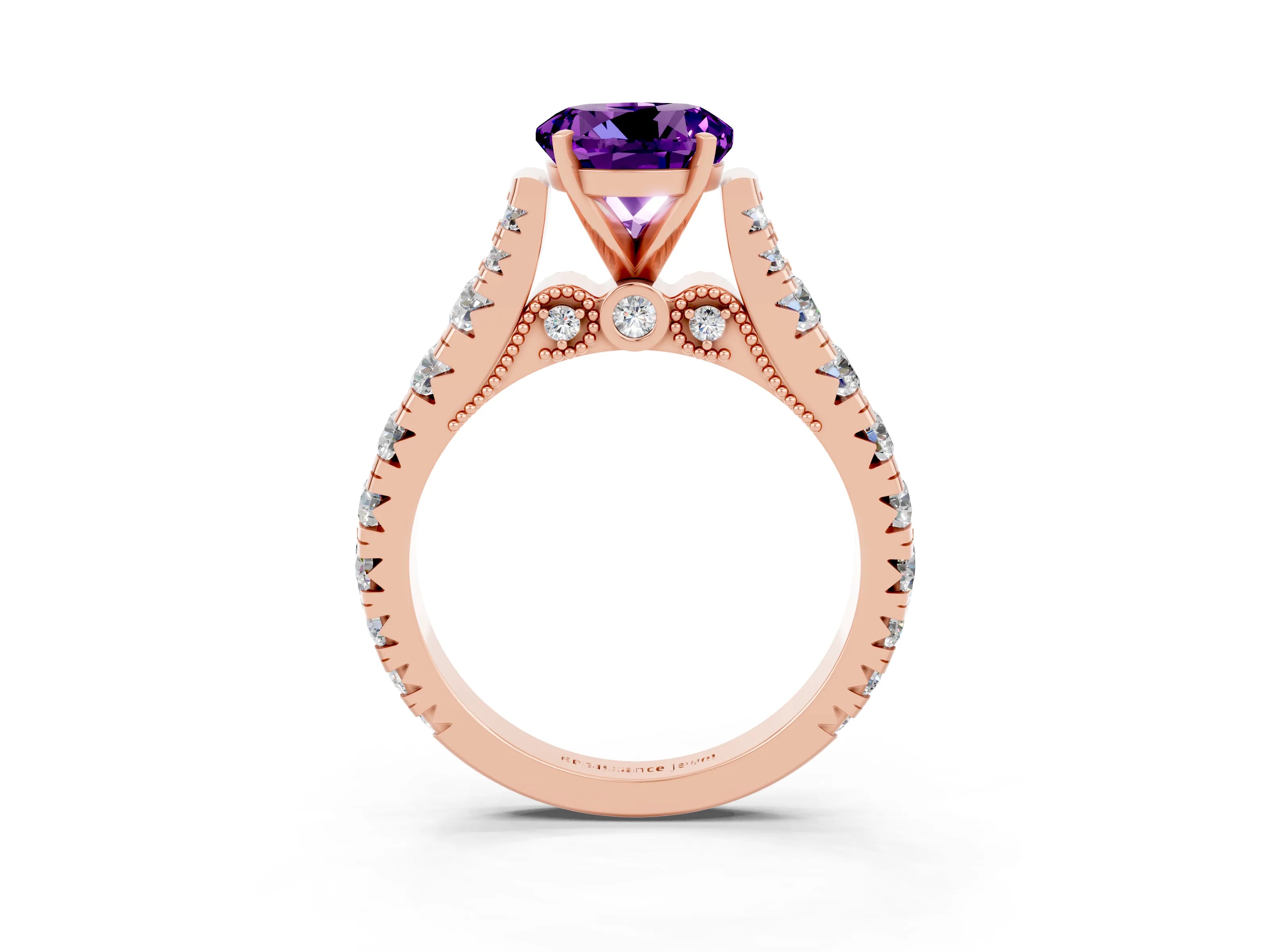 Rose gold Round Cut Amethyst Classic Solitaire Ring with Pavé Band and Four-Prong Setting_3