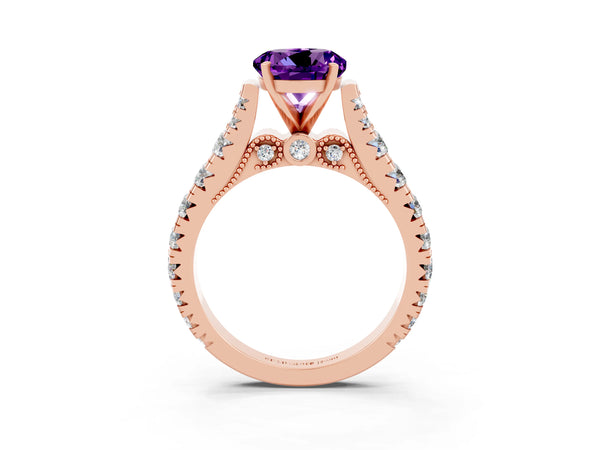 Rose gold Round Cut Amethyst Classic Solitaire Ring with Pavé Band and Four-Prong Setting
