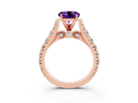 Rose gold Round Cut Amethyst Classic Solitaire Ring with Pavé Band and Four-Prong Setting_3