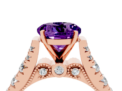 Rose gold Round Cut Amethyst Classic Solitaire Ring with Pavé Band and Four-Prong Setting_4