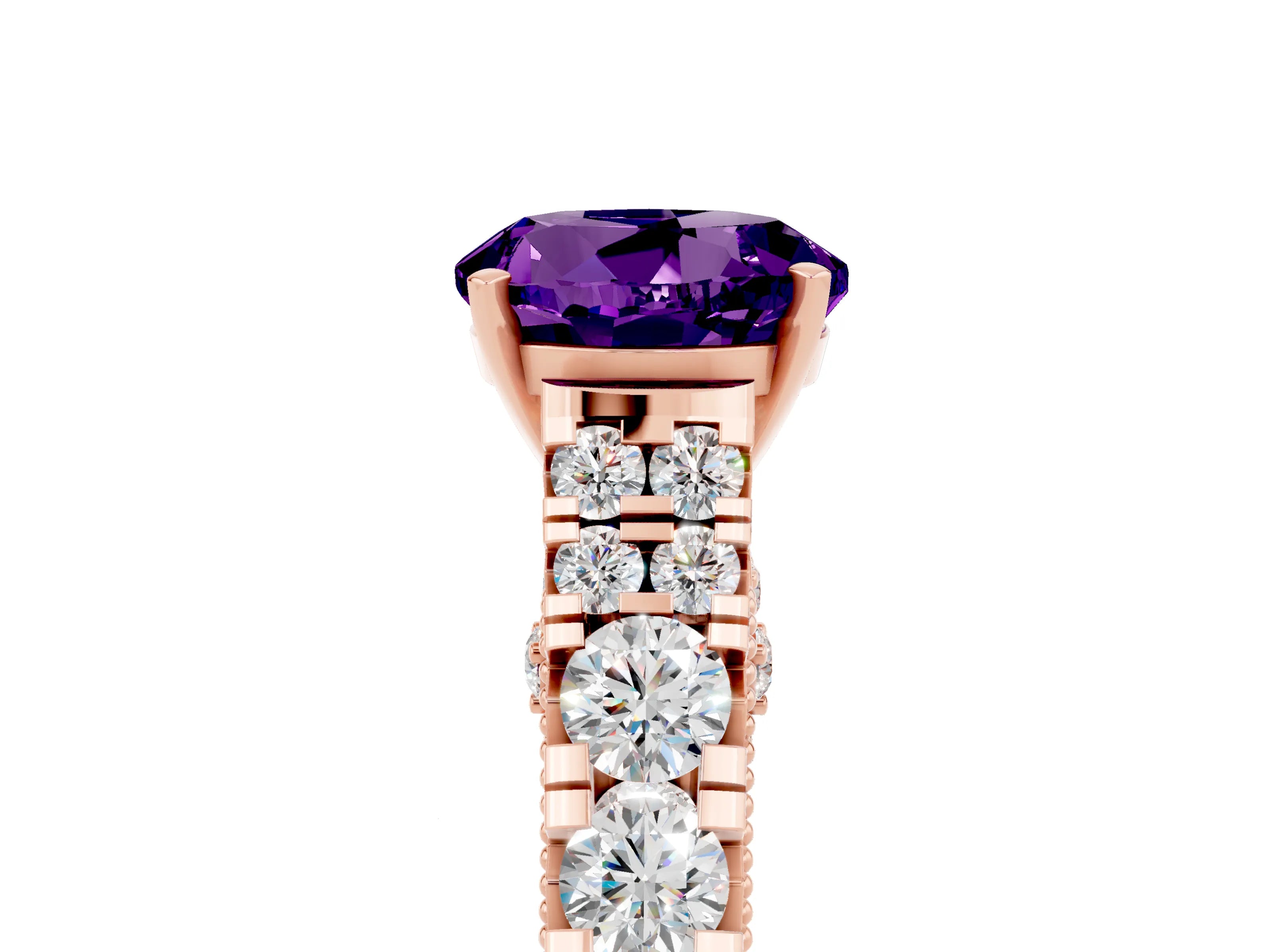 Rose gold Round Cut Amethyst Classic Solitaire Ring with Pavé Band and Four-Prong Setting_5