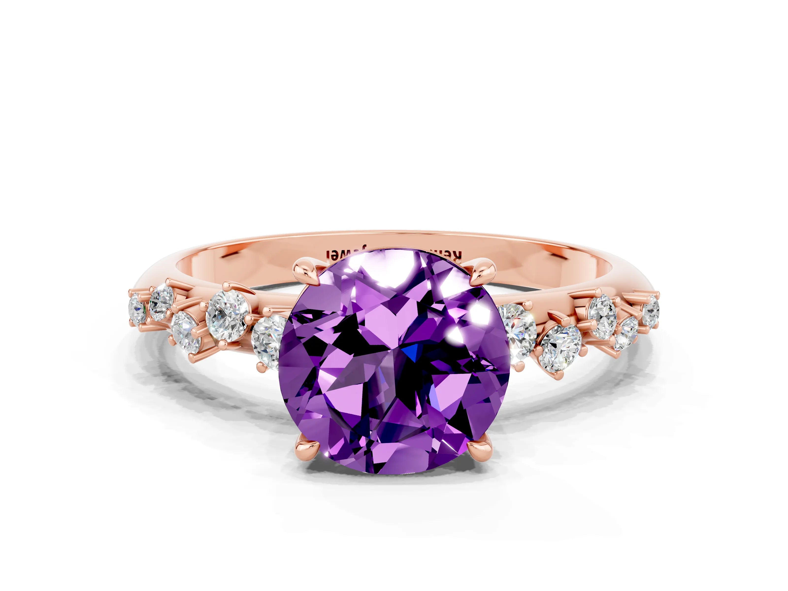 Rose gold Round Cut Amethyst Cluster Side Stone Solitaire Ring with Prong Setting_24