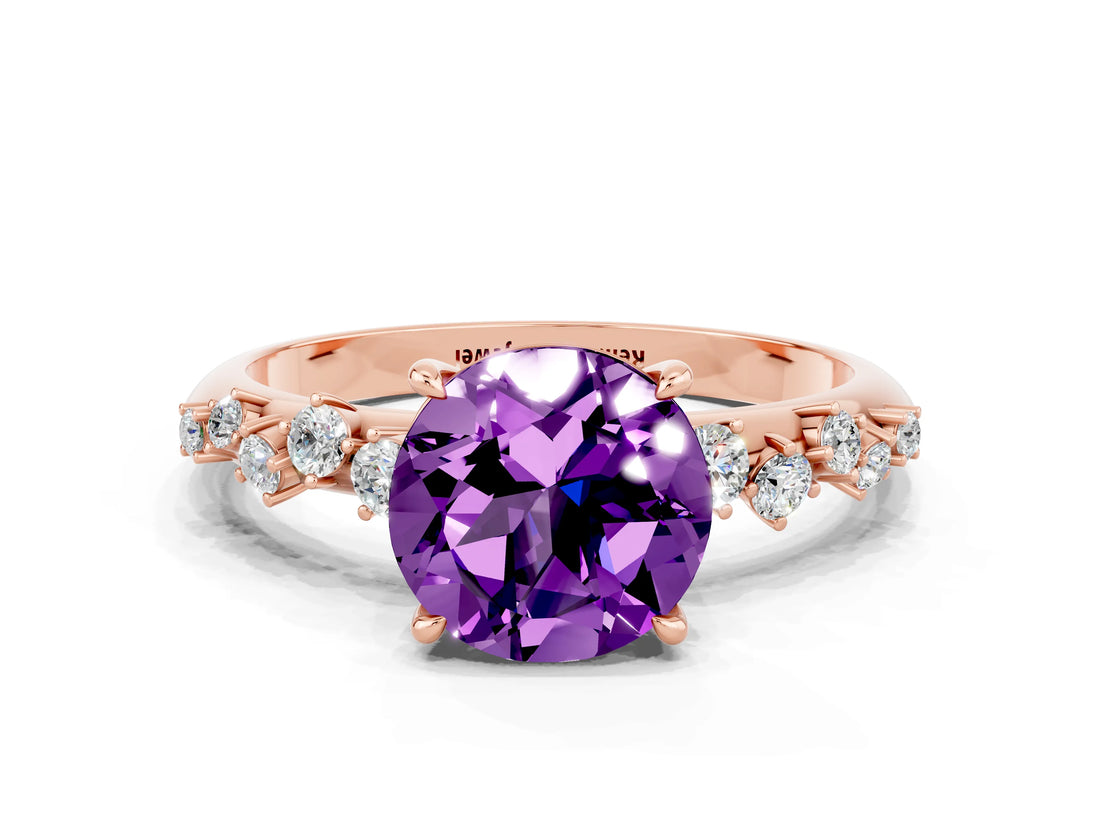 Rose gold Round Cut Amethyst Cluster Side Stone Solitaire Ring with Prong Setting_24