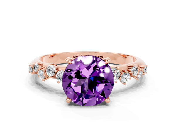 Rose gold Round Cut Amethyst Cluster Side Stone Solitaire Ring with Prong Setting