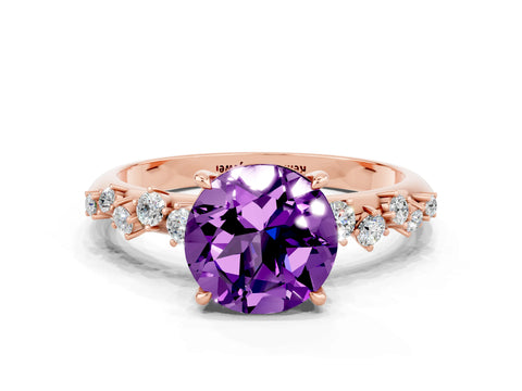 Rose gold Round Cut Amethyst Cluster Side Stone Solitaire Ring with Prong Setting_24