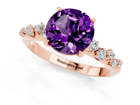 Rose gold Round Cut Amethyst Cluster Side Stone Solitaire Ring with Prong Setting_25