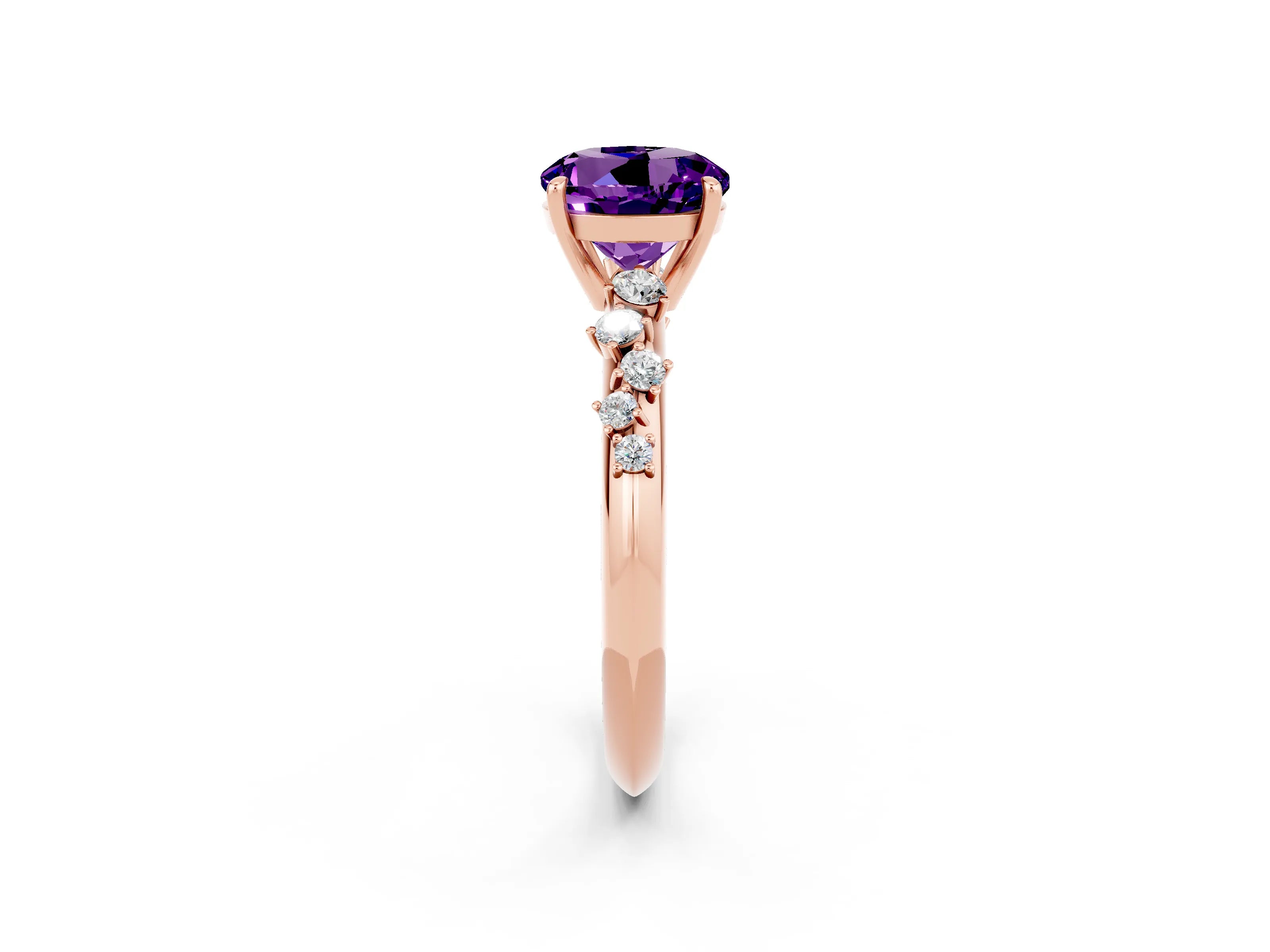 Rose gold Round Cut Amethyst Cluster Side Stone Solitaire Ring with Prong Setting_26