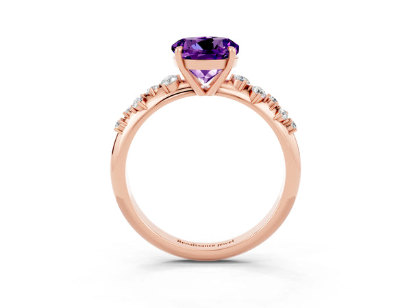 Rose gold Round Cut Amethyst Cluster Side Stone Solitaire Ring with Prong Setting