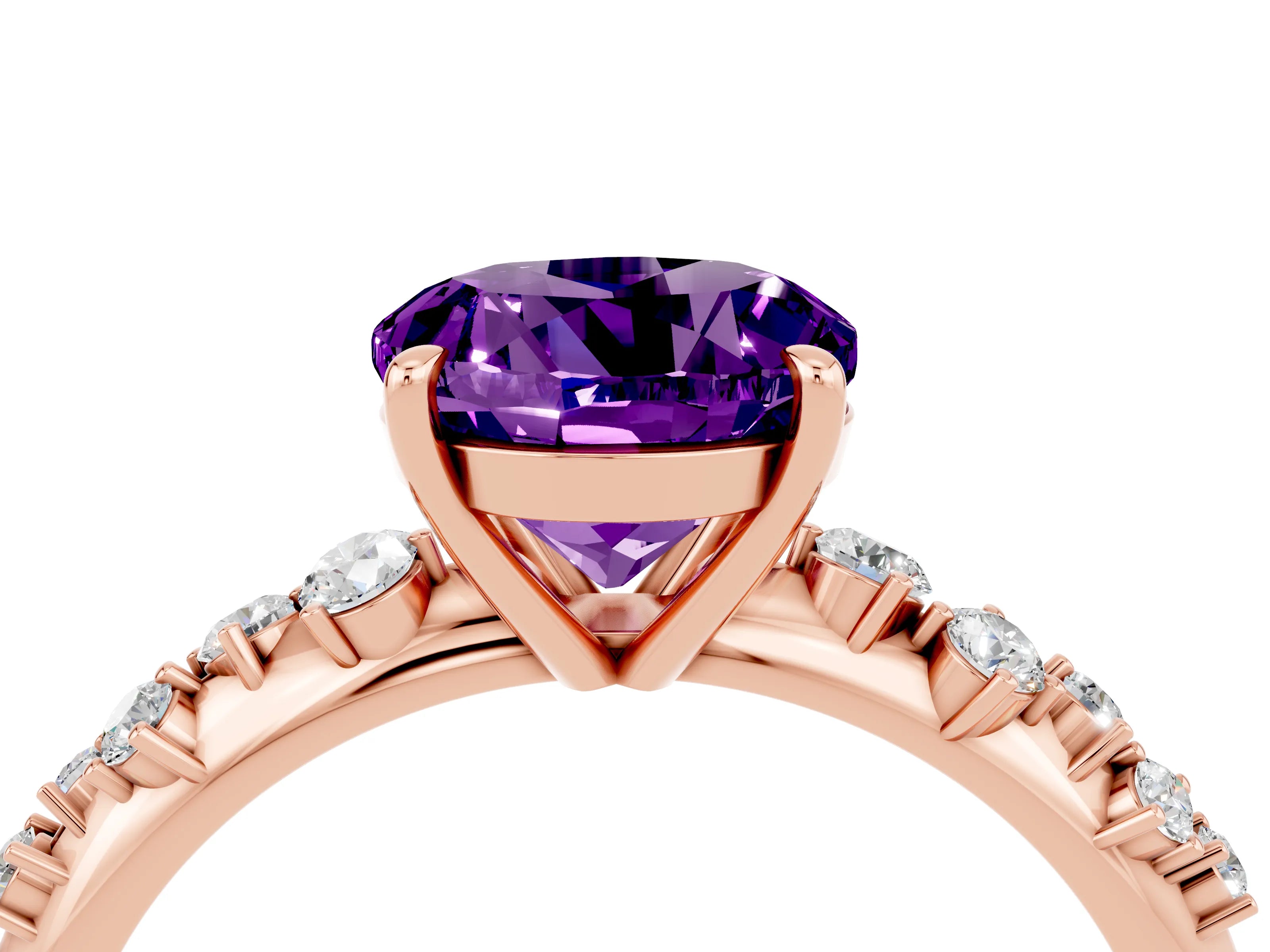 Rose gold Round Cut Amethyst Cluster Side Stone Solitaire Ring with Prong Setting_28