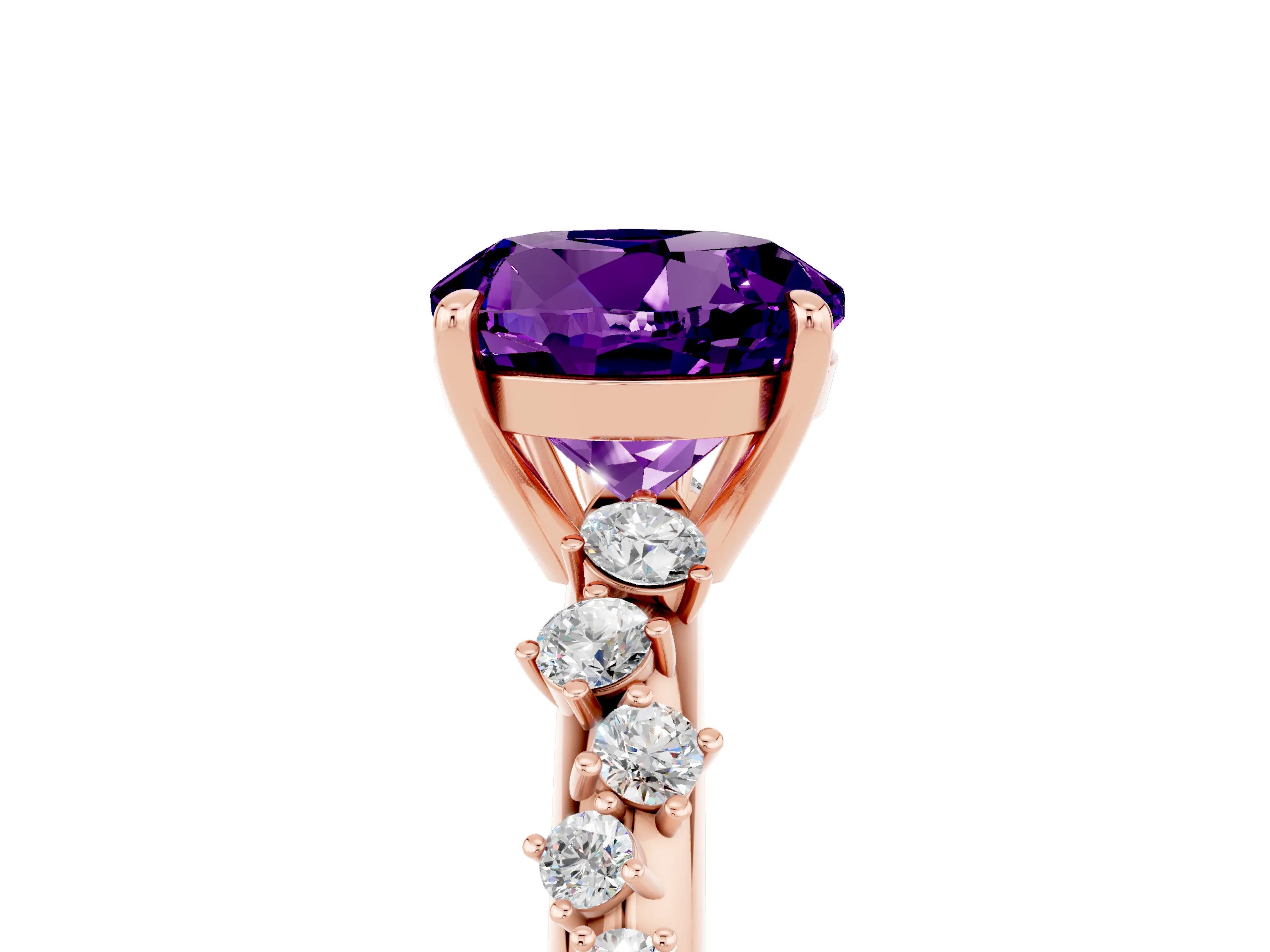 Rose gold Round Cut Amethyst Cluster Side Stone Solitaire Ring with Prong Setting_29