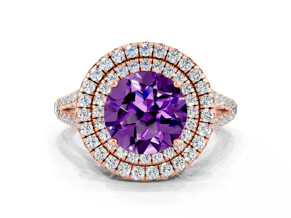 Rose gold Round Cut Amethyst Double Halo Ring with Pavé Band and Prong Setting