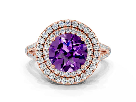 Rose gold Round Cut Amethyst Double Halo Ring with Pavé Band and Prong Setting_12