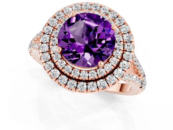 Rose gold Round Cut Amethyst Double Halo Ring with Pavé Band and Prong Setting