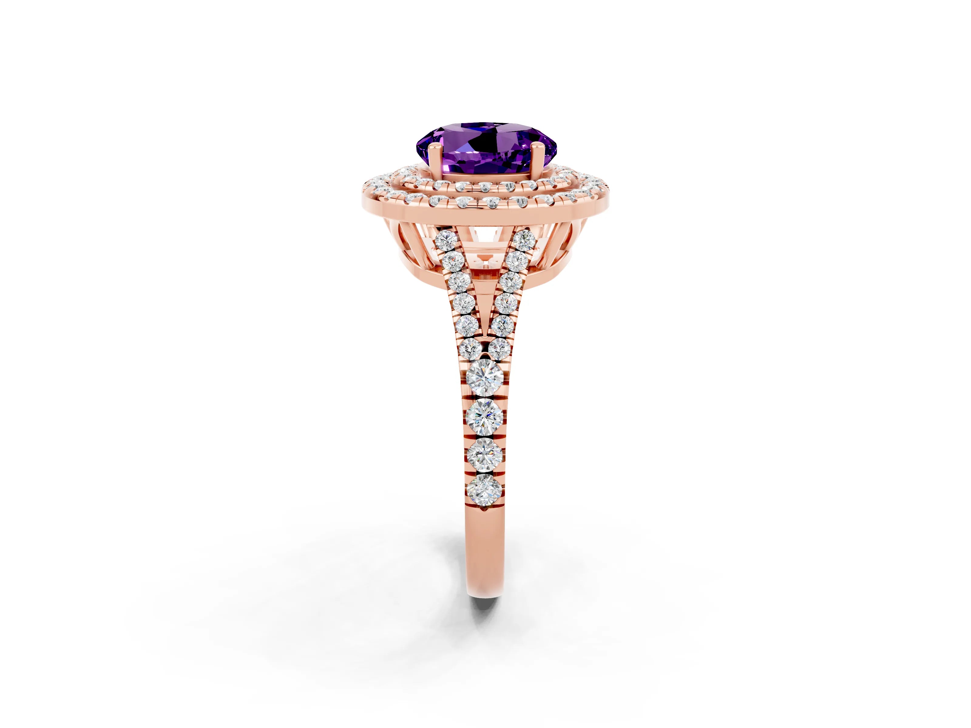 Rose gold Round Cut Amethyst Double Halo Ring with Pavé Band and Prong Setting_14