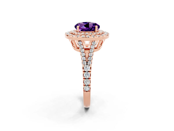 Rose gold Round Cut Amethyst Double Halo Ring with Pavé Band and Prong Setting
