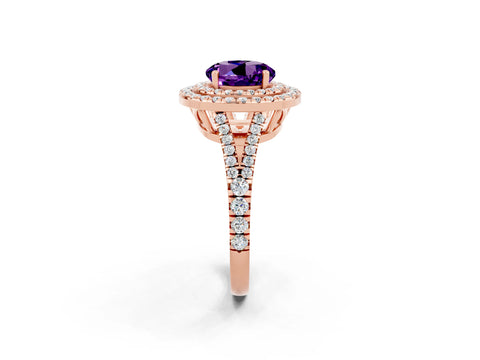 Rose gold Round Cut Amethyst Double Halo Ring with Pavé Band and Prong Setting_14