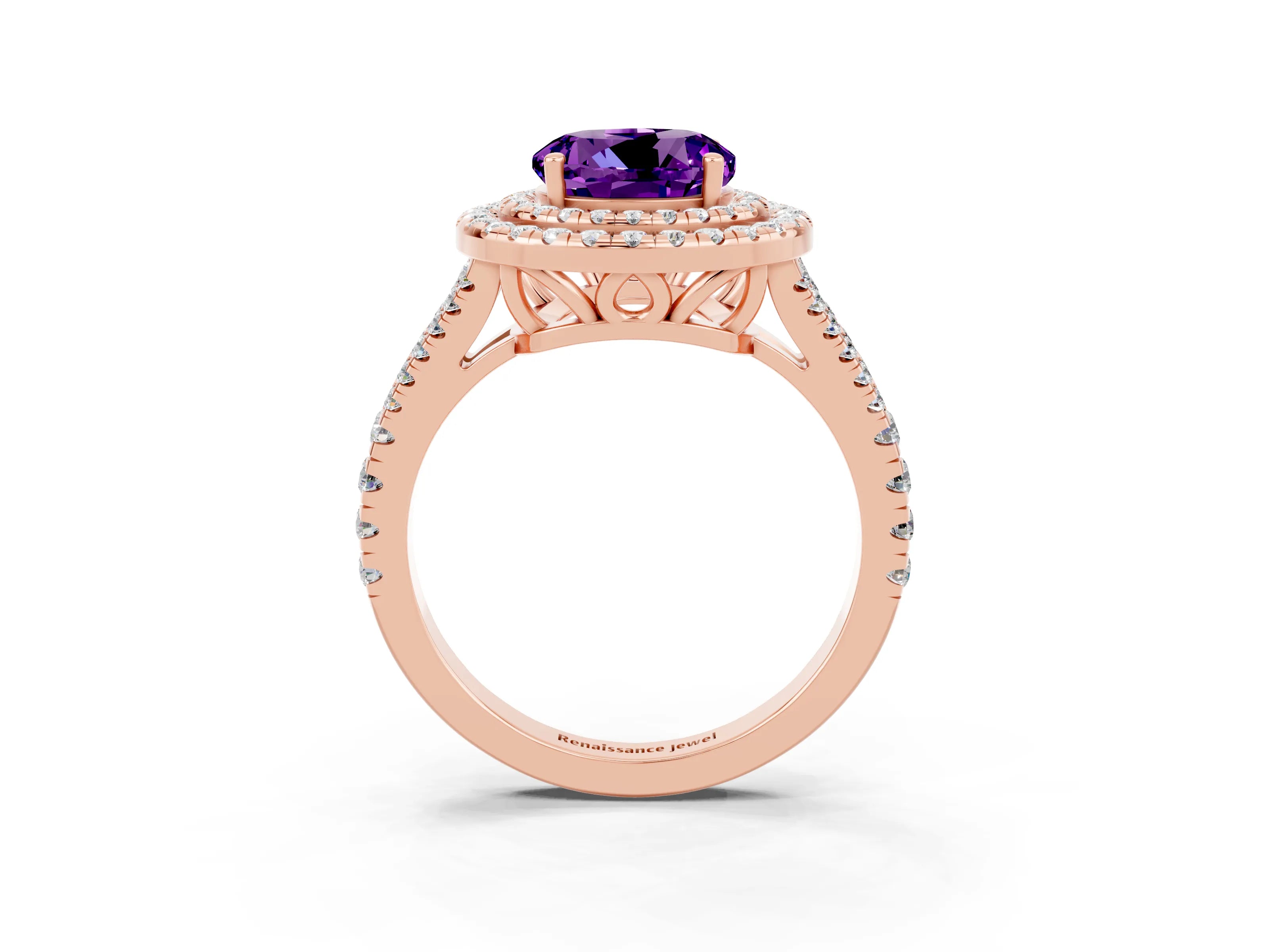 Rose gold Round Cut Amethyst Double Halo Ring with Pavé Band and Prong Setting_15