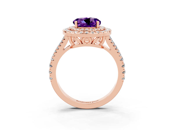Rose gold Round Cut Amethyst Double Halo Ring with Pavé Band and Prong Setting