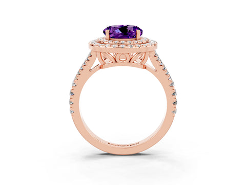 Rose gold Round Cut Amethyst Double Halo Ring with Pavé Band and Prong Setting_15