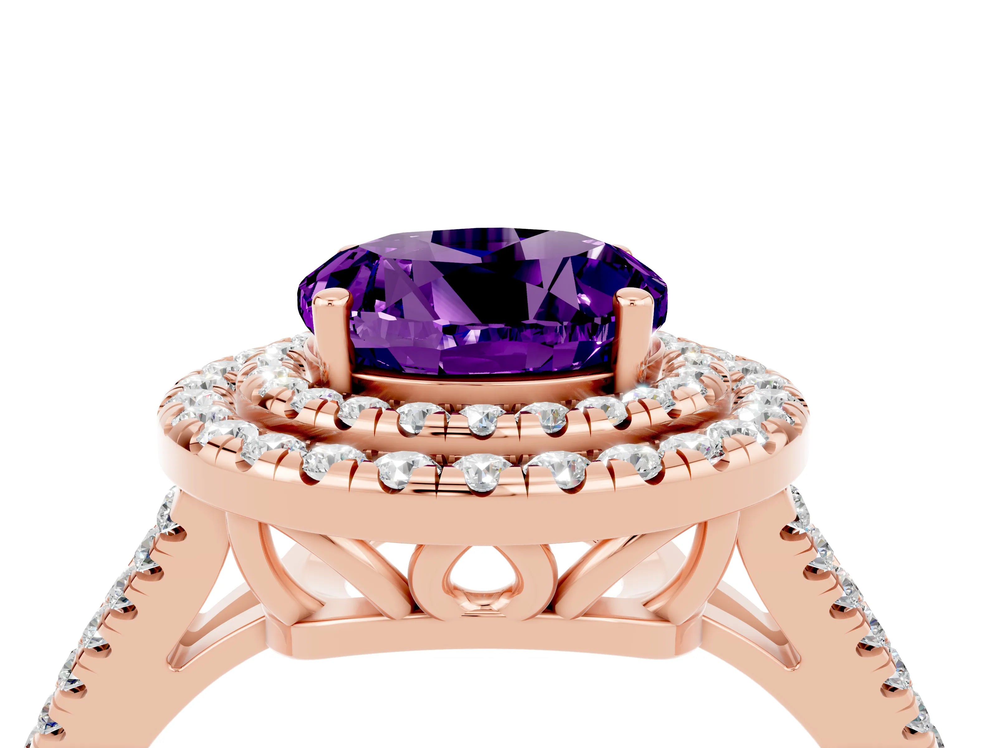 Rose gold Round Cut Amethyst Double Halo Ring with Pavé Band and Prong Setting_16