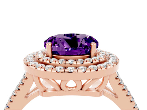 Rose gold Round Cut Amethyst Double Halo Ring with Pavé Band and Prong Setting_16