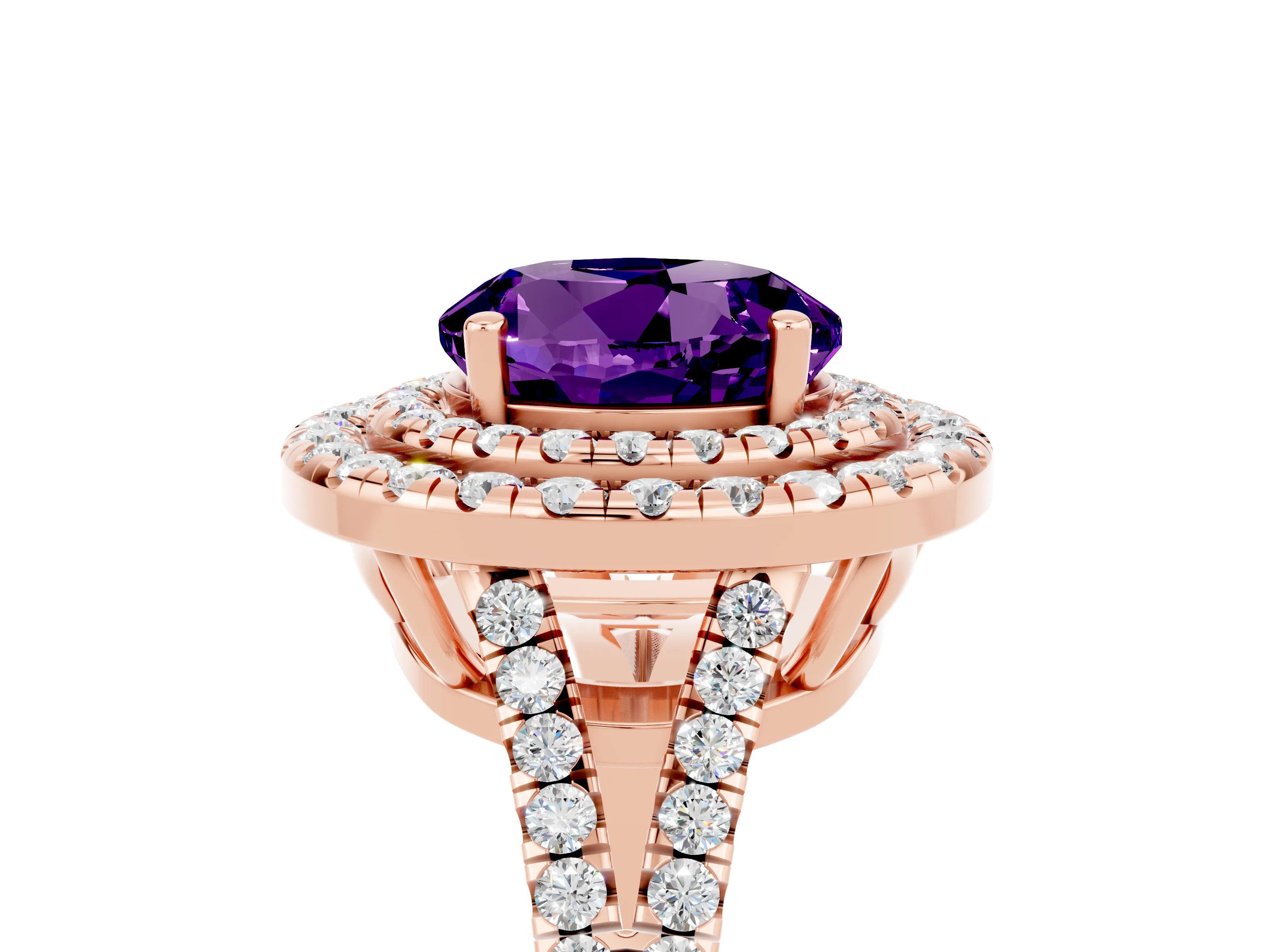 Rose gold Round Cut Amethyst Double Halo Ring with Pavé Band and Prong Setting_17