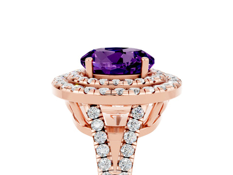 Rose gold Round Cut Amethyst Double Halo Ring with Pavé Band and Prong Setting_17
